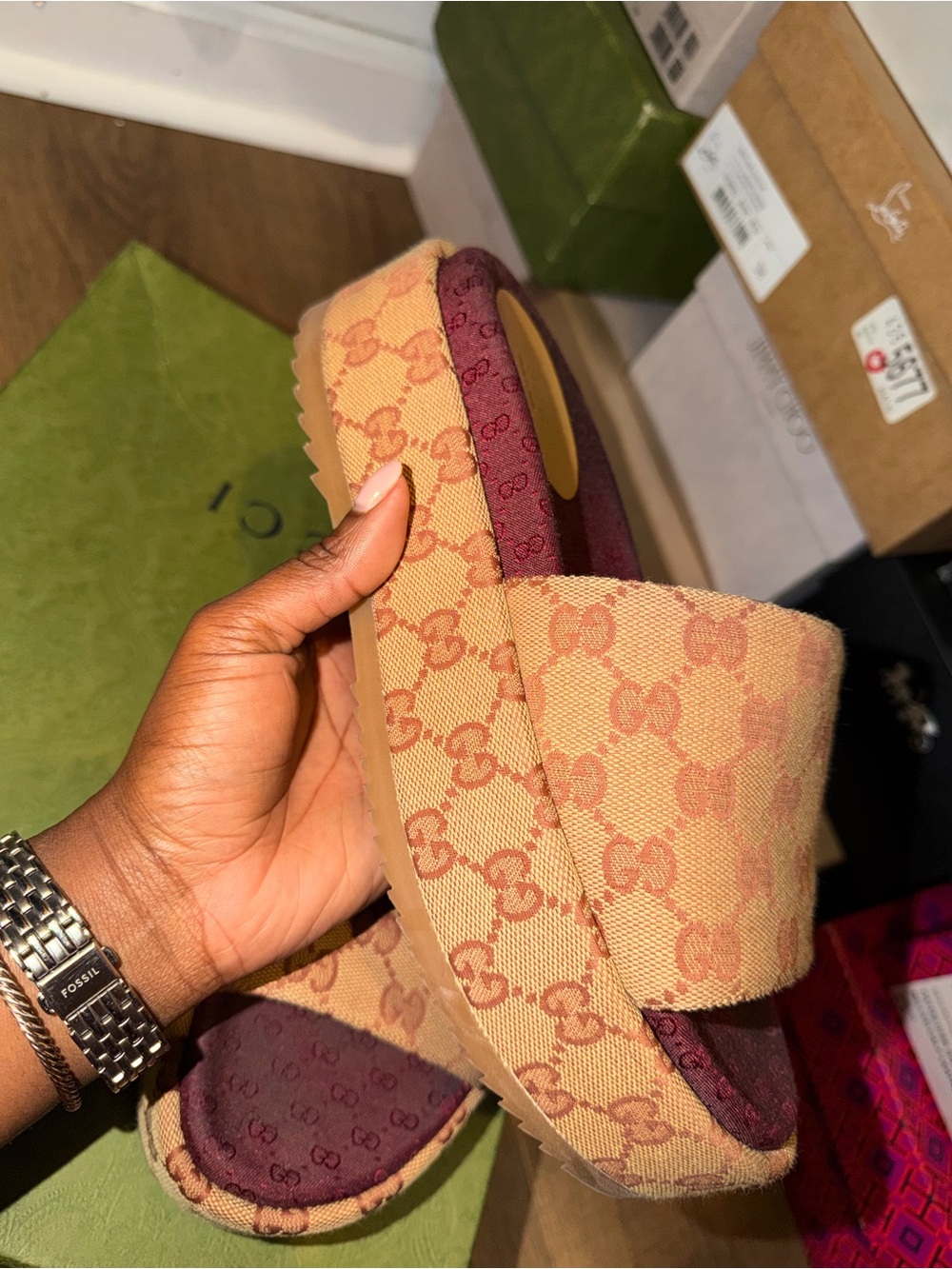 Gucci GG Canvas Monogram Slides Sandals Pink Beige Burgundy